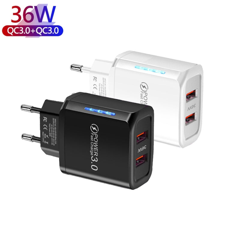 36W Dual Port QC3.0 USB Mobile Phone Charger Dual 18W Output, EU Plug(White) - USB Charger by PMC Jewellery | Online Shopping South Africa | PMC Jewellery | Buy Now Pay Later Mobicred