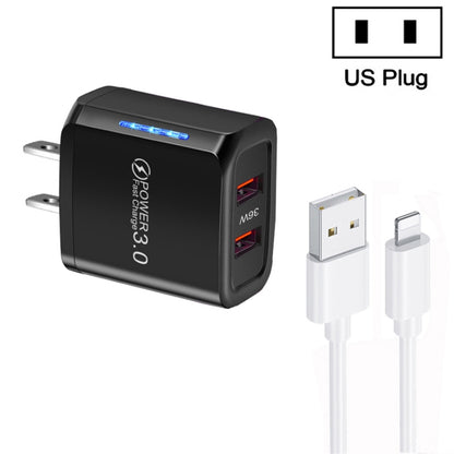 36W Dual Port QC3.0 USB Charger with 3A USB to 8 Pin Data Cable, US Plug(Black) - USB Charger by PMC Jewellery | Online Shopping South Africa | PMC Jewellery | Buy Now Pay Later Mobicred