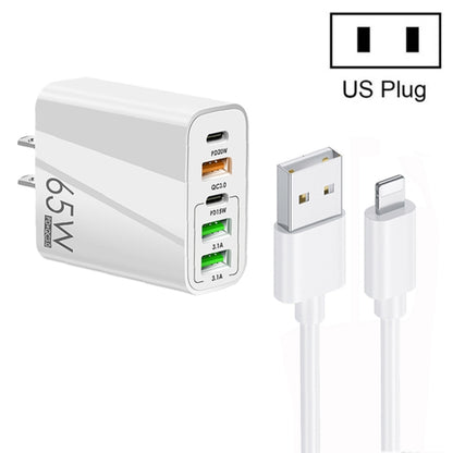 65W Dual PD Type-C + 3 x USB Multi Port Charger with 3A USB to 8 Pin Data Cable, US Plug(White) - USB Charger by PMC Jewellery | Online Shopping South Africa | PMC Jewellery | Buy Now Pay Later Mobicred