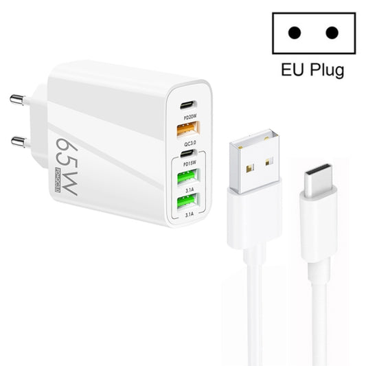 65W Dual PD Type-C + 3 x USB Multi Port Charger with 3A USB to Type-C Data Cable, EU Plug(White) - USB Charger by PMC Jewellery | Online Shopping South Africa | PMC Jewellery