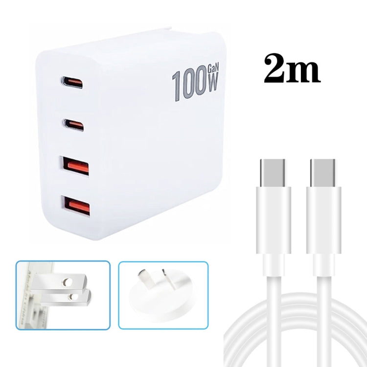 GaN 100W Dual USB + Dual USB-C/Type-C Multi Port Charger with 2m Type-C to Type-C Data Cable Set US / AU Plug - Cable & Adapter by PMC Jewellery | Online Shopping South Africa | PMC Jewellery | Buy Now Pay Later Mobicred