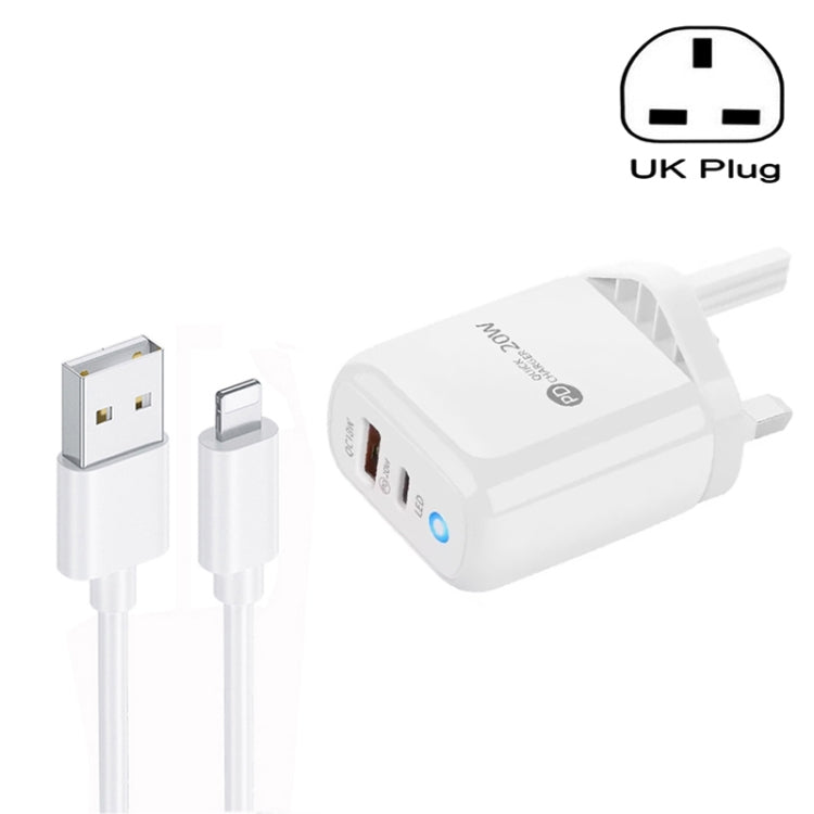 PD04 Type-C + USB Mobile Phone Charger with USB to 8 Pin Cable, UK Plug(White) - USB Charger by PMC Jewellery | Online Shopping South Africa | PMC Jewellery | Buy Now Pay Later Mobicred