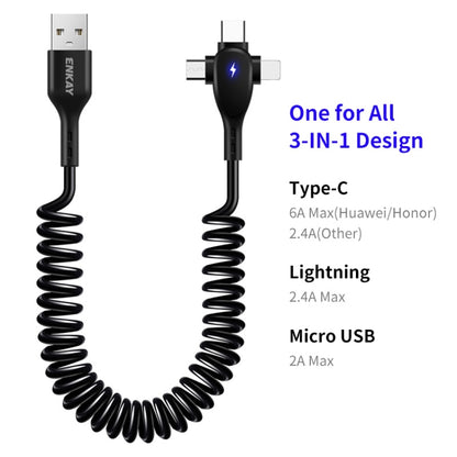 ENKAY Hat-Prince 3 in 1 6A USB to 8 Pin+Type-C+Micro USB Supper Fast Charge Spring Cable, Length: 1.8m(Black) - Multifunction Cable by ENKAY | Online Shopping South Africa | PMC Jewellery | Buy Now Pay Later Mobicred