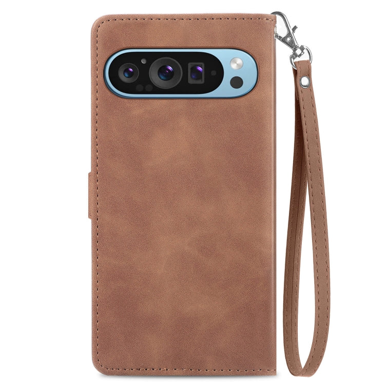 For Google Pixel 9 Embossed Flower Zipper Leather Phone Case(Brown) - Google Cases by PMC Jewellery | Online Shopping South Africa | PMC Jewellery | Buy Now Pay Later Mobicred