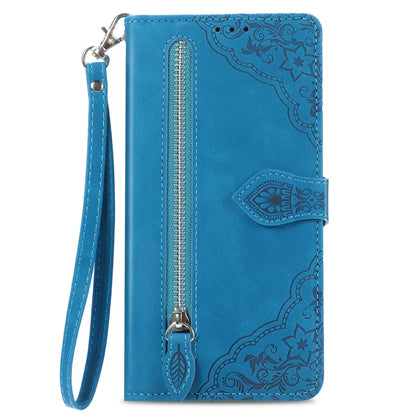 For Google Pixel 9 Embossed Flower Zipper Leather Phone Case(Blue) - Google Cases by PMC Jewellery | Online Shopping South Africa | PMC Jewellery | Buy Now Pay Later Mobicred