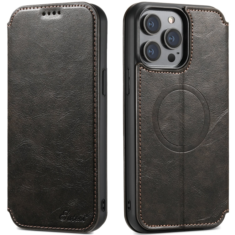 For iPhone 14 Pro Max Suteni J05 Leather Magnetic Magsafe Phone Case(Black) - iPhone 14 Pro Max Cases by Suteni | Online Shopping South Africa | PMC TechLife | Buy Now Pay Later Mobicred