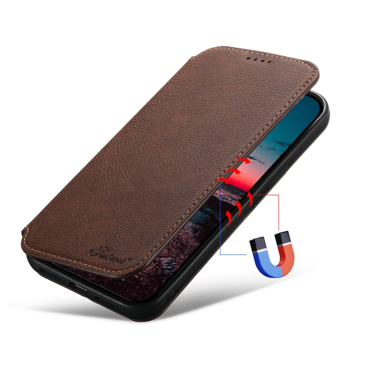 For iPhone 12 Pro Max Suteni J06 Retro Matte Litchi Texture Leather Magnetic Magsafe Phone Case(Brown) - iPhone 12 Pro Max Cases by Suteni | Online Shopping South Africa | PMC Jewellery | Buy Now Pay Later Mobicred