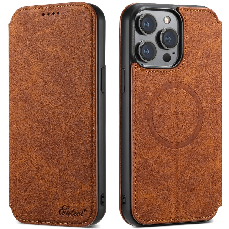 For iPhone 14 Suteni J06 Retro Matte Litchi Texture Leather Magnetic Magsafe Phone Case(Khaki) - iPhone 14 Cases by Suteni | Online Shopping South Africa | PMC Jewellery | Buy Now Pay Later Mobicred