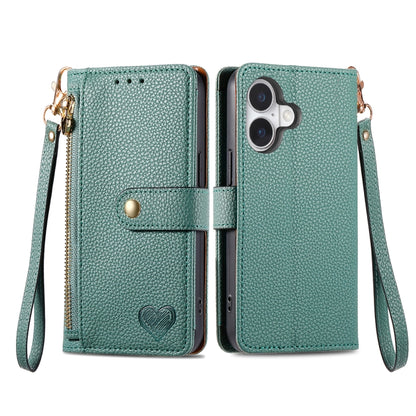 For iPhone 16 Love Zipper Lanyard Leather Phone Case(Green) - iPhone 16 Cases by PMC Jewellery | Online Shopping South Africa | PMC Jewellery | Buy Now Pay Later Mobicred