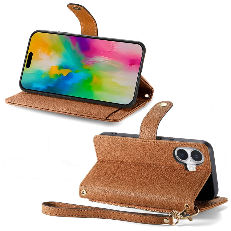 For iPhone 16 Plus Love Zipper Lanyard Leather Phone Case(Brown) - free shipping - PMC Jewellery - Order now!