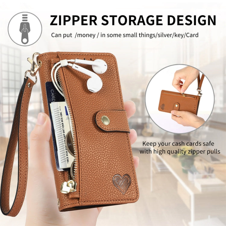 For iPhone 16 Plus Love Zipper Lanyard Leather Phone Case(Brown) - free shipping - PMC Jewellery - Order now!