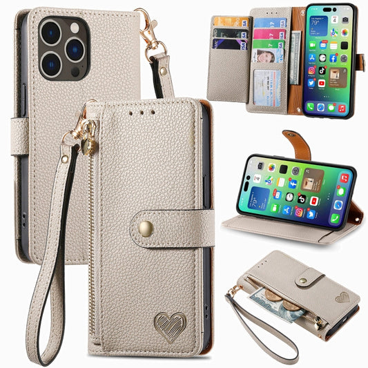 For iPhone 16 Pro Love Zipper Lanyard Leather Phone Case(Gray) - iPhone 16 Pro Cases by PMC Jewellery | Online Shopping South Africa | PMC Jewellery | Buy Now Pay Later Mobicred