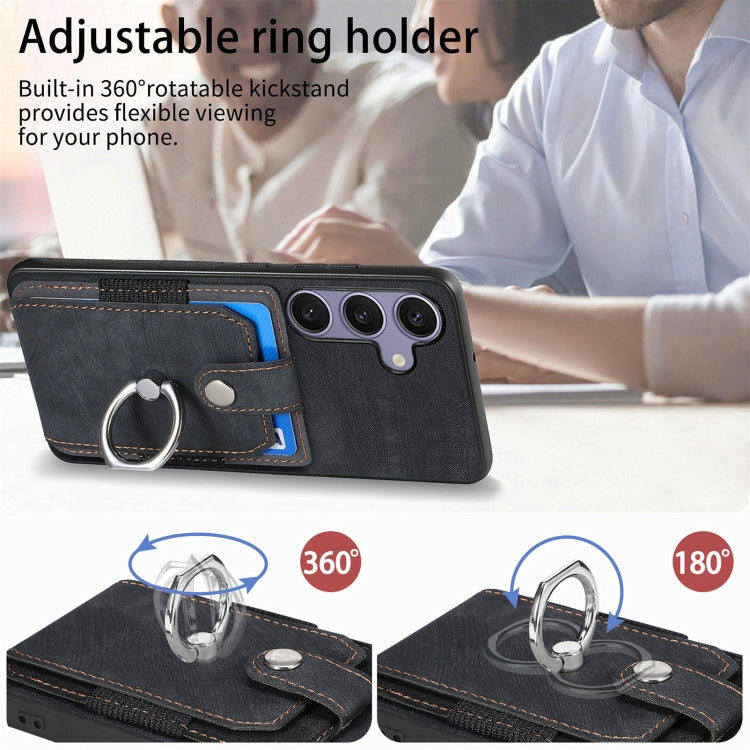 For Samsung Galaxy S25+ 5G Retro Skin-feel Ring Card Wallet Phone Case(Black) - Galaxy S25+ 5G Cases by PMC TechLife | Online Shopping South Africa | PMC TechLife | Buy Now Pay Later Mobicred
