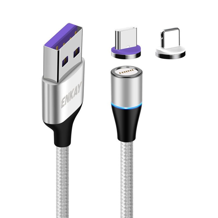 ENKAY 2 in 1 5A USB to Type-C + 8 Pin Magnetic Fast Charging Data Cable with LED Light, Length: 1m(Silver) - Charging Cable & Head by ENKAY | Online Shopping South Africa | PMC Jewellery | Buy Now Pay Later Mobicred