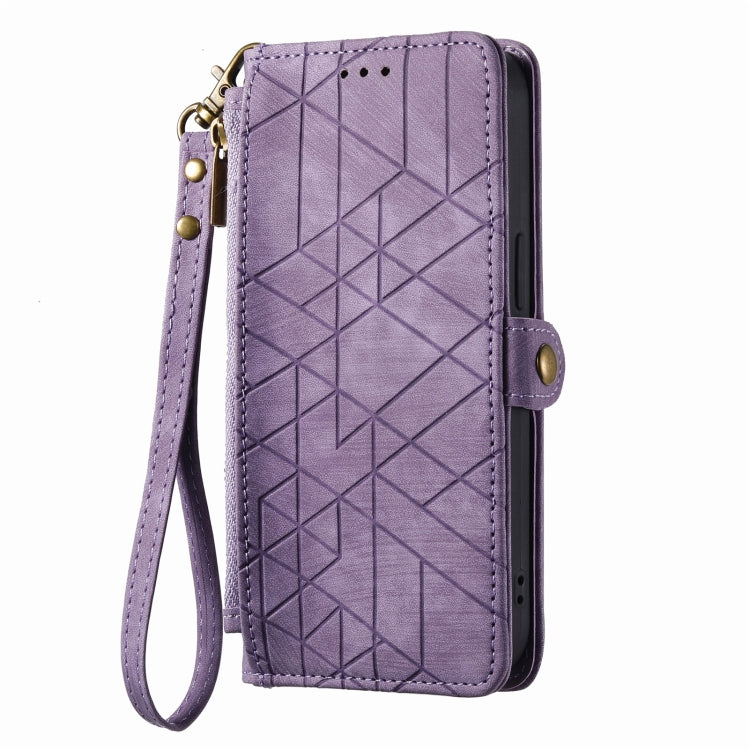 For iPhone 14 Pro Max Geometric Zipper Wallet Side Buckle Leather Phone Case(Purple) - free shipping - PMC TechLife - Order now!