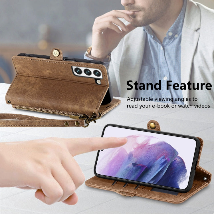 For Samsung Galaxy S23+ 5G Geometric Zipper Wallet Side Buckle Leather Phone Case(Brown) - free shipping - PMC TechLife - Order now!