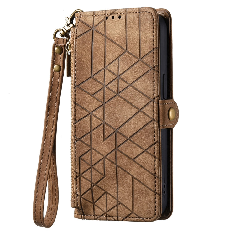 For Samsung Galaxy A52 5G Geometric Zipper Wallet Side Buckle Leather Phone Case(Brown) - free shipping - PMC TechLife - Order now!