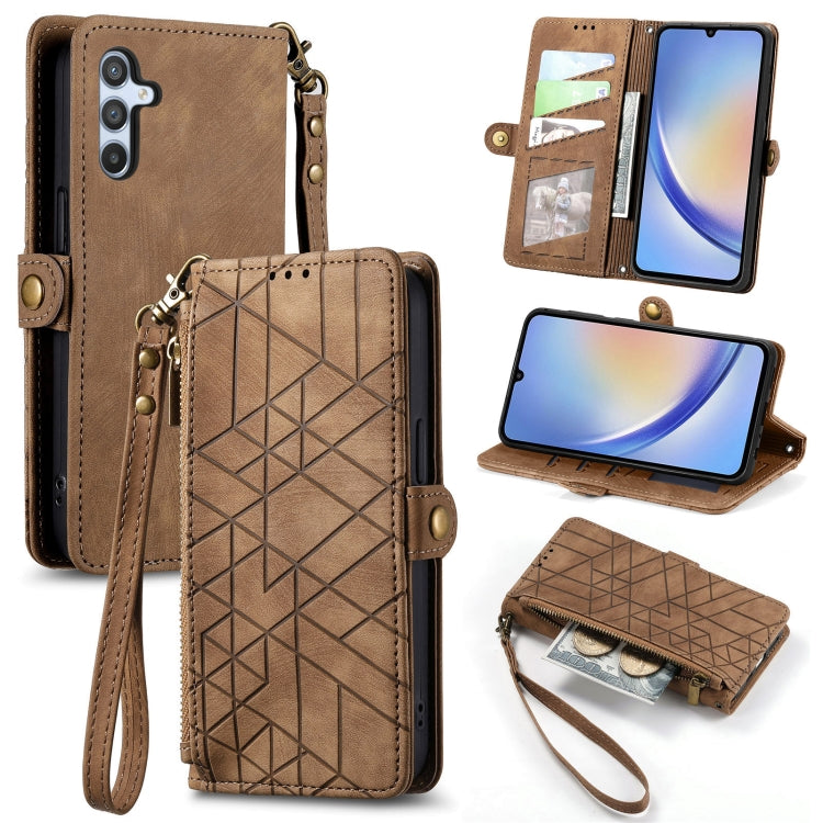 For Samsung Galaxy A72 Geometric Zipper Wallet Side Buckle Leather Phone Case(Brown) - free shipping - PMC TechLife - Order now!