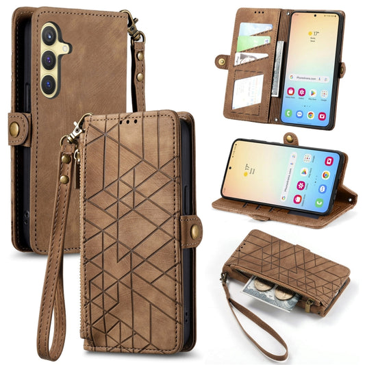 For Samsung Galaxy S25 5G Geometric Zipper Wallet Side Buckle Leather Phone Case(Brown) - Galaxy S25 5G Cases by PMC Jewellery | Online Shopping South Africa | PMC Jewellery | Buy Now Pay Later Mobicred