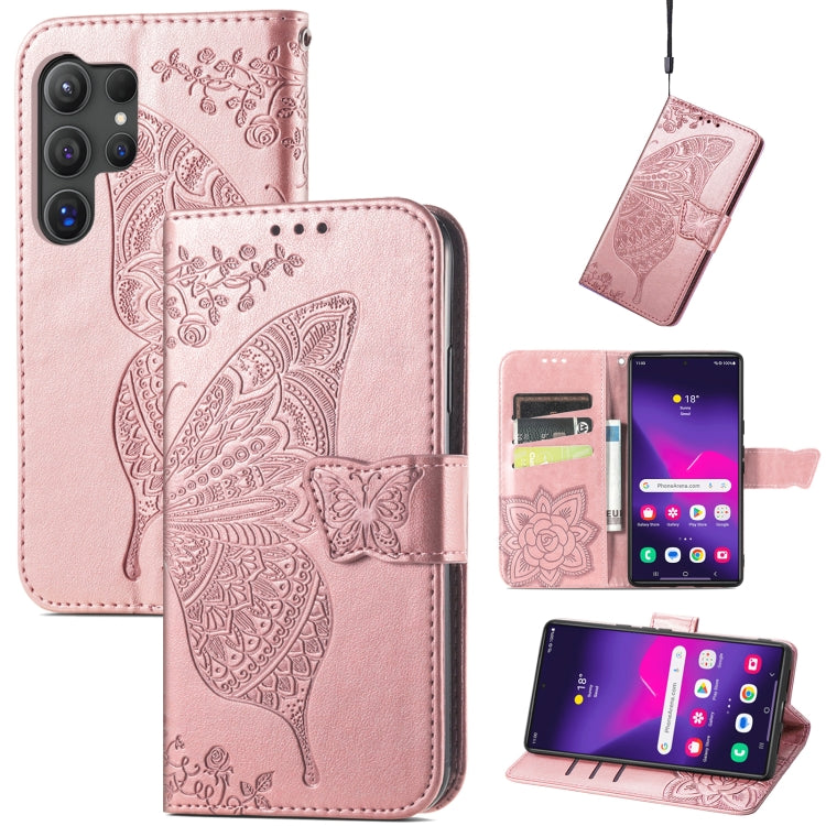 For Samsung Galaxy S24 Ultra 5G Butterfly Love Flower Embossed Leather Phone Case(Rose Gold) - Galaxy S24 Ultra 5G Cases by PMC Jewellery | Online Shopping South Africa | PMC Jewellery