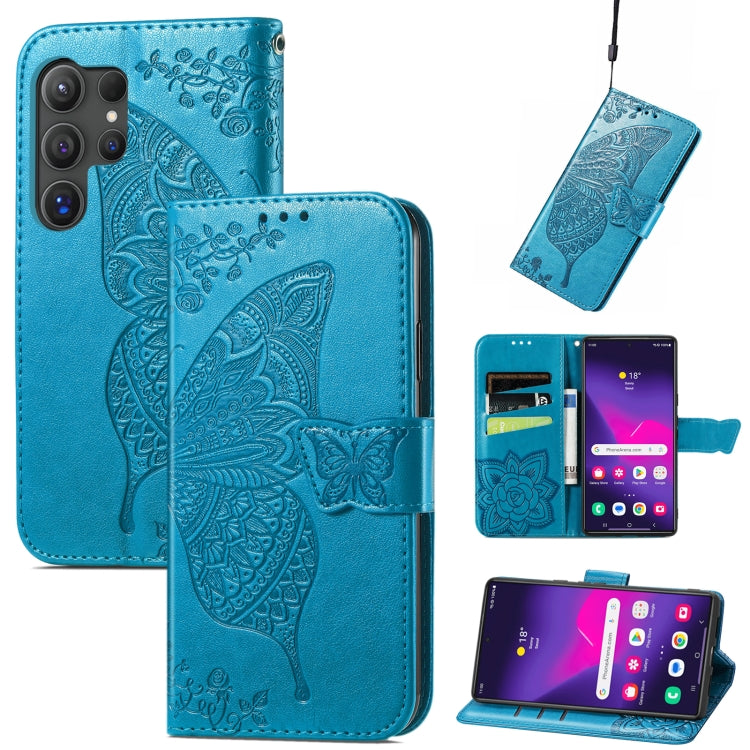 For Samsung Galaxy S24 Ultra 5G Butterfly Love Flower Embossed Leather Phone Case(Blue) - Galaxy S24 Ultra 5G Cases by PMC Jewellery | Online Shopping South Africa | PMC Jewellery