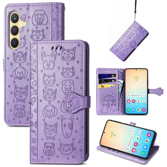 For Samsung Galaxy S25 5G Cat and Dog Embossed Leather Phone Case(Purple) - Galaxy S25 5G Cases by PMC Jewellery | Online Shopping South Africa | PMC Jewellery | Buy Now Pay Later Mobicred