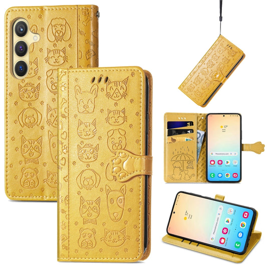 For Samsung Galaxy S25 5G Cat and Dog Embossed Leather Phone Case(Yellow) - Galaxy S25 5G Cases by PMC Jewellery | Online Shopping South Africa | PMC Jewellery | Buy Now Pay Later Mobicred