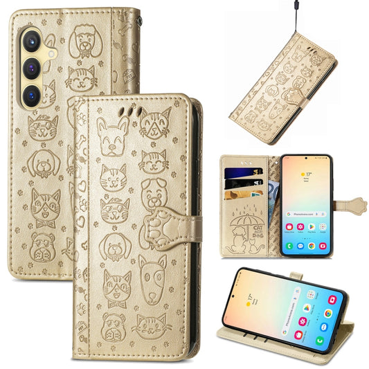 For Samsung Galaxy S25+ 5G Cat and Dog Embossed Leather Phone Case(Gold) - Galaxy S25+ 5G Cases by PMC Jewellery | Online Shopping South Africa | PMC Jewellery | Buy Now Pay Later Mobicred