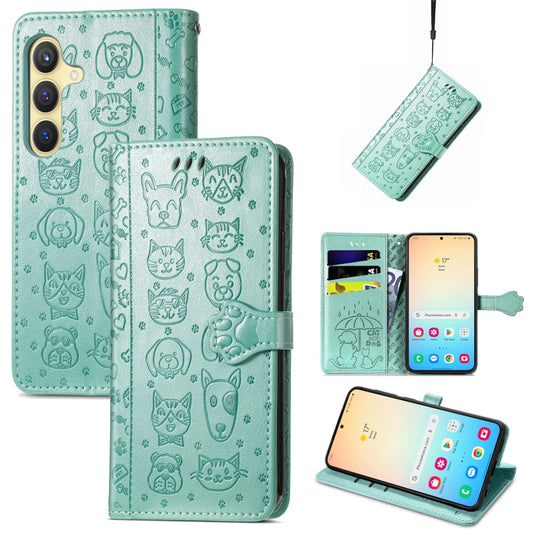 For Samsung Galaxy S25+ 5G Cat and Dog Embossed Leather Phone Case(Green) - Galaxy S25+ 5G Cases by PMC Jewellery | Online Shopping South Africa | PMC Jewellery | Buy Now Pay Later Mobicred