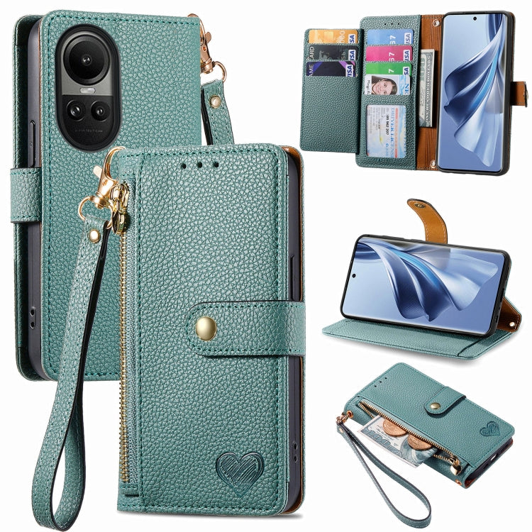 For OPPO Reno10 / 10 Pro Global Love Zipper Lanyard Leather Phone Case(Green) - OPPO Cases by PMC Jewellery | Online Shopping South Africa | PMC Jewellery | Buy Now Pay Later Mobicred