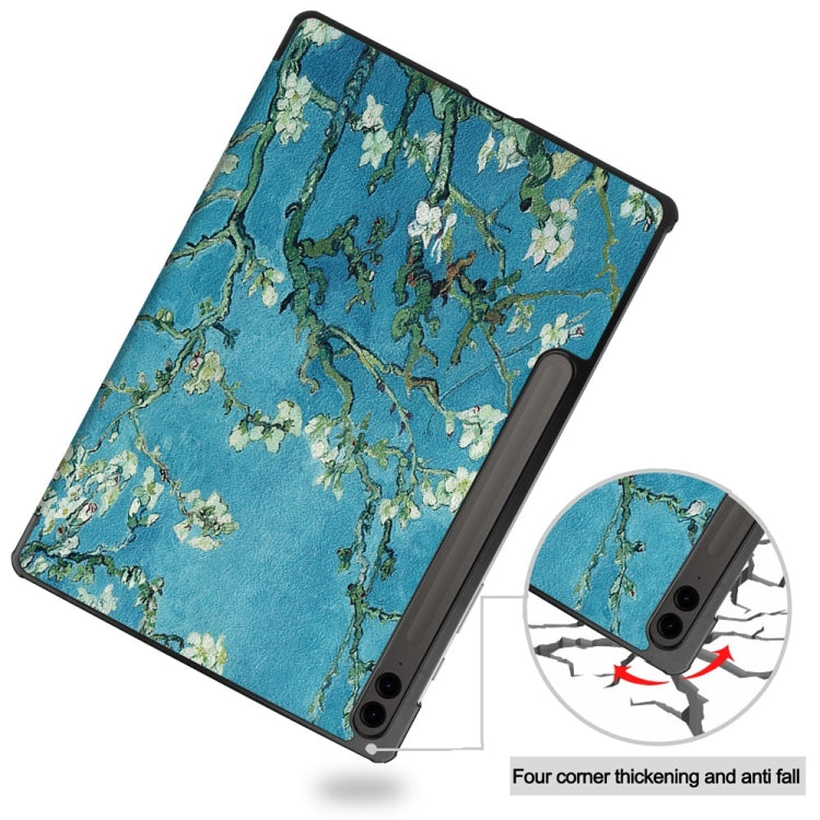 For Samsung Galaxy Tab S9 FE+ 12.4 JUNSUNMAY Custer Painted 3-Fold Stand Leather Smart Tablet Case(Apricot Flower) - Galaxy Tab S9 FE+ by JUNSUNMAY | Online Shopping South Africa | PMC Jewellery | Buy Now Pay Later Mobicred