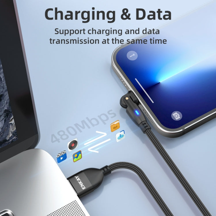 ENKAY 180 Degrees Rotating USB to 8 Pin Charging Data Cable with LED Light, Length:2m(Black) - free shipping - PMC Jewellery - Order now!