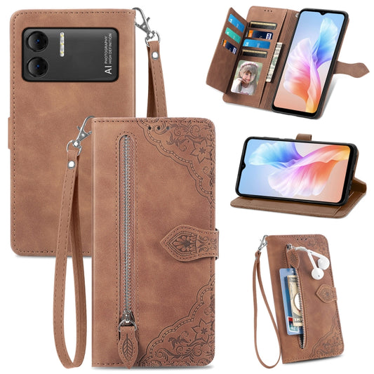 For DOOGEE X98 Pro / X98 Embossed Flower Zipper Leather Phone Case(Brown) - Doogee Cases by PMC Jewellery | Online Shopping South Africa | PMC Jewellery | Buy Now Pay Later Mobicred