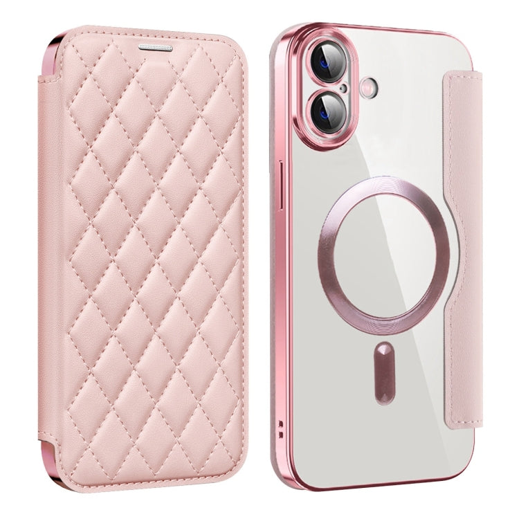 For iPhone 16 Shield Magsafe RFID Anti-theft Rhombus Leather Phone Case(Pink) - iPhone 16 Cases by PMC Jewellery | Online Shopping South Africa | PMC Jewellery | Buy Now Pay Later Mobicred