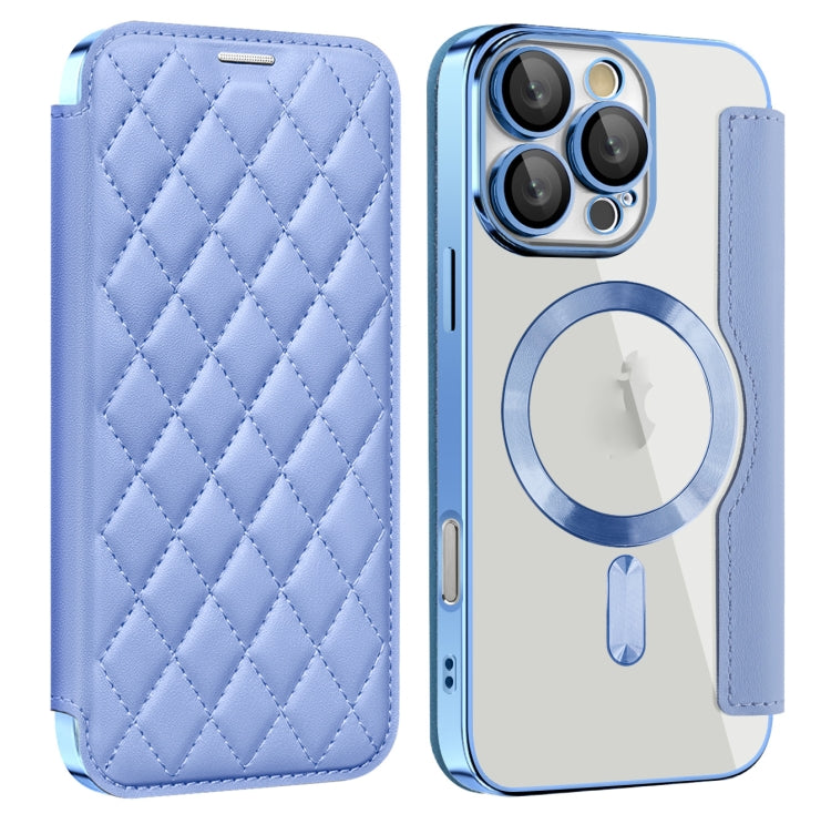 For iPhone 16 Pro Max Shield Magsafe RFID Anti-theft Rhombus Leather Phone Case(Blue) - iPhone 16 Pro Max Cases by PMC Jewellery | Online Shopping South Africa | PMC Jewellery | Buy Now Pay Later Mobicred