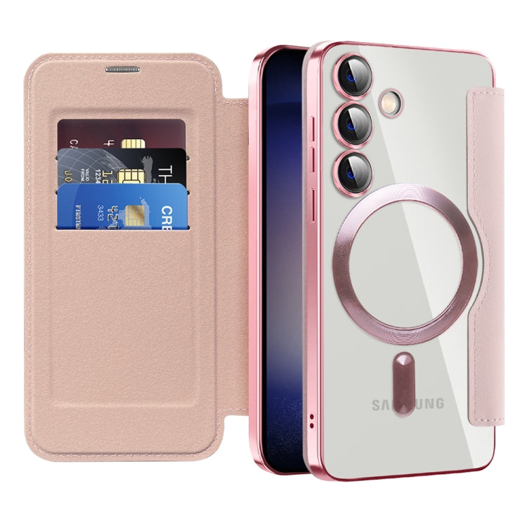 For Samsung Galaxy S25 5G Shield MagSafe RFID Anti-theft Rhombus Leather Phone Case(Pink) - Galaxy S25 5G Cases by PMC Jewellery | Online Shopping South Africa | PMC Jewellery | Buy Now Pay Later Mobicred