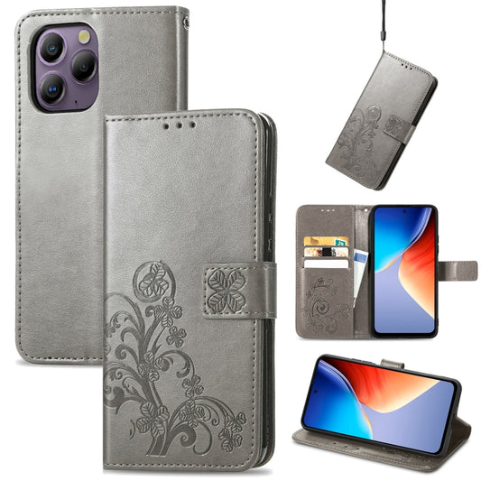 For Blackview A96 Four-leaf Clasp Embossed Buckle Leather Phone Case(Gray) - More Brand by PMC Jewellery | Online Shopping South Africa | PMC Jewellery