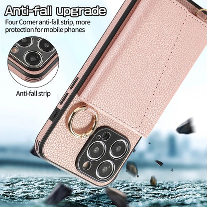 For iPhone 15 Crossbody Ring Wallet Leather Back Cover Phone Case(Pink) - iPhone 15 Cases by PMC Jewellery | Online Shopping South Africa | PMC Jewellery