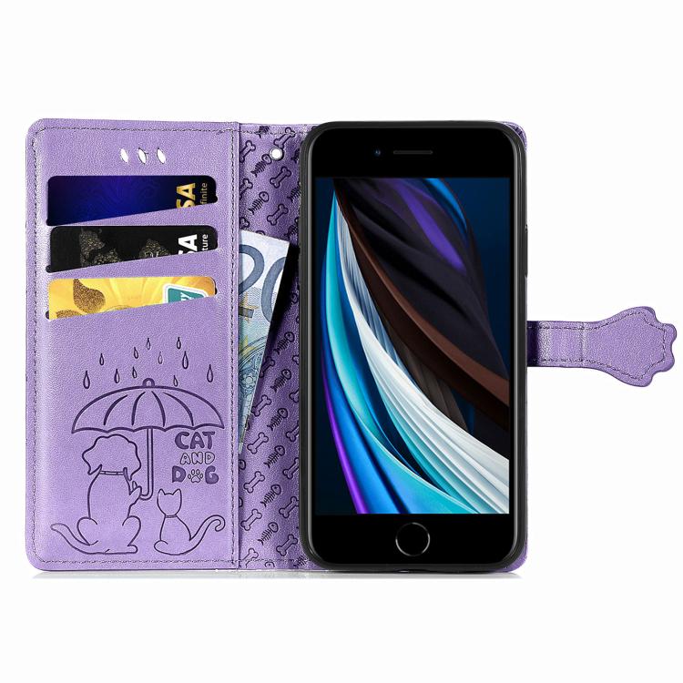 For iPhone 16e Cat and Dog Embossed Leather Phone Case(Purple) - iPhone 16e Cases by PMC TechLife | Online Shopping South Africa | PMC TechLife | Buy Now Pay Later Mobicred