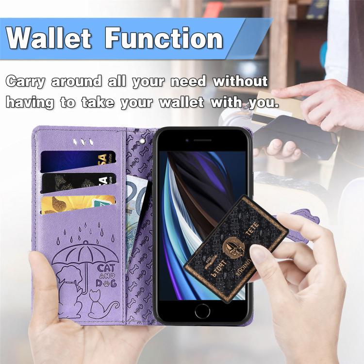 For iPhone 16e Cat and Dog Embossed Leather Phone Case(Purple) - iPhone 16e Cases by PMC TechLife | Online Shopping South Africa | PMC TechLife | Buy Now Pay Later Mobicred