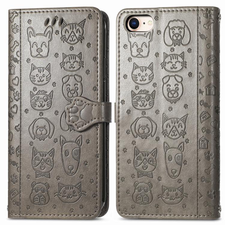 For iPhone 16e Cat and Dog Embossed Leather Phone Case(Gray) - iPhone 16e Cases by PMC TechLife | Online Shopping South Africa | PMC TechLife | Buy Now Pay Later Mobicred