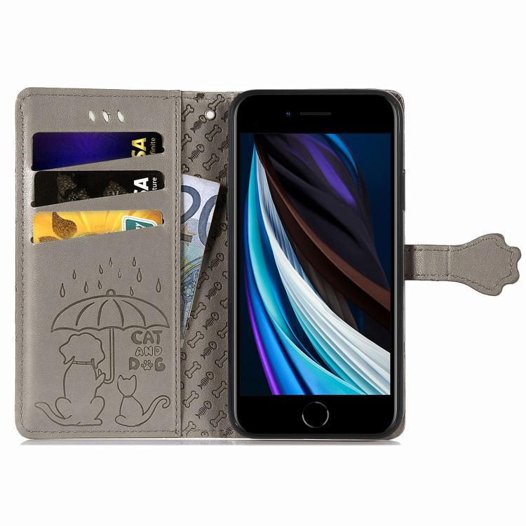 For iPhone 16e Cat and Dog Embossed Leather Phone Case(Gray) - iPhone 16e Cases by PMC TechLife | Online Shopping South Africa | PMC TechLife | Buy Now Pay Later Mobicred