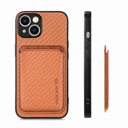 For iPhone 15 Plus Carbon Fiber Leather Card Magsafe Phone Case(Brown) - iPhone 15 Plus Cases by PMC Jewellery | Online Shopping South Africa | PMC Jewellery