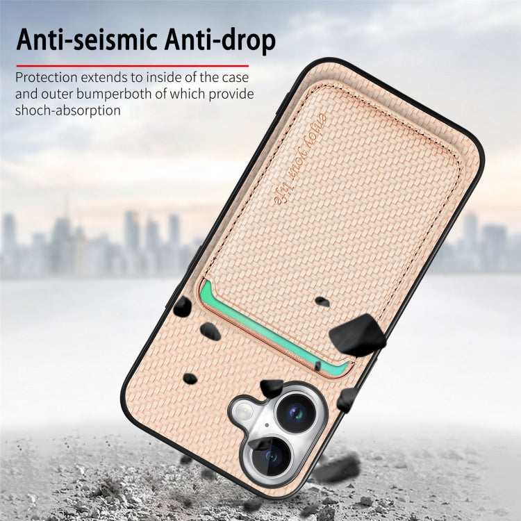 For iPhone 16 Carbon Fiber Leather Card Magsafe Phone Case(Khaki) - iPhone 16 Cases by PMC Jewellery | Online Shopping South Africa | PMC Jewellery | Buy Now Pay Later Mobicred