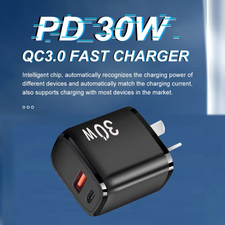 PD30W USB-C / Type-C + QC3.0 USB Charger with 1m USB to 8 Pin Data Cable, AU Plug(Black) - USB Charger by PMC Jewellery | Online Shopping South Africa | PMC Jewellery | Buy Now Pay Later Mobicred