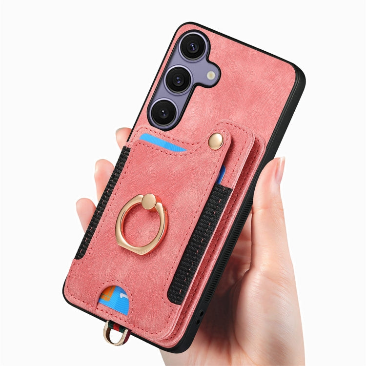 For Samsung Galaxy S25 5G Retro Skin-feel Ring Multi-card Wallet Phone Case(Pink) - Galaxy S25 5G Cases by PMC Jewellery | Online Shopping South Africa | PMC Jewellery | Buy Now Pay Later Mobicred