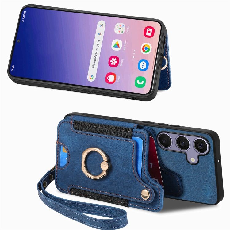 For Samsung Galaxy S25 5G Retro Skin-feel Ring Multi-card Wallet Phone Case(Blue) - Galaxy S25 5G Cases by PMC Jewellery | Online Shopping South Africa | PMC Jewellery | Buy Now Pay Later Mobicred