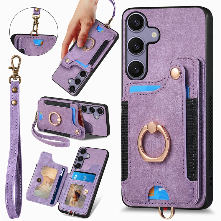 For Samsung Galaxy S25 5G Retro Skin-feel Ring Multi-card Wallet Phone Case(Purple) - Galaxy S25 5G Cases by PMC Jewellery | Online Shopping South Africa | PMC Jewellery | Buy Now Pay Later Mobicred