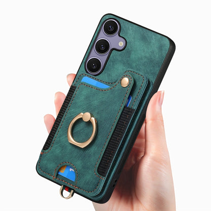 For Samsung Galaxy S25+ 5G Retro Skin-feel Ring Multi-card Wallet Phone Case(Green) - Galaxy S25+ 5G Cases by PMC Jewellery | Online Shopping South Africa | PMC Jewellery | Buy Now Pay Later Mobicred