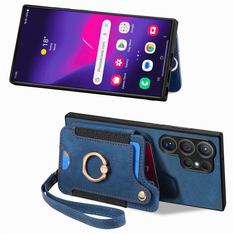 For Samsung Galaxy S25 Ultra 5G Retro Skin-feel Ring Multi-card Wallet Phone Case(Blue) - Galaxy S25 Ultra 5G Cases by PMC Jewellery | Online Shopping South Africa | PMC Jewellery | Buy Now Pay Later Mobicred